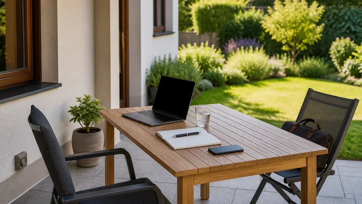 Venkovní home office s notebookem u domu a výhledem do zahrady