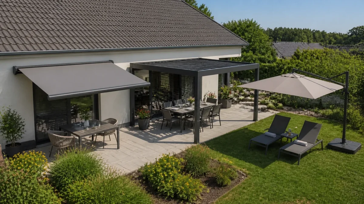 Markýza, pergola a výkyvný slunečník na jedné zahradní terase